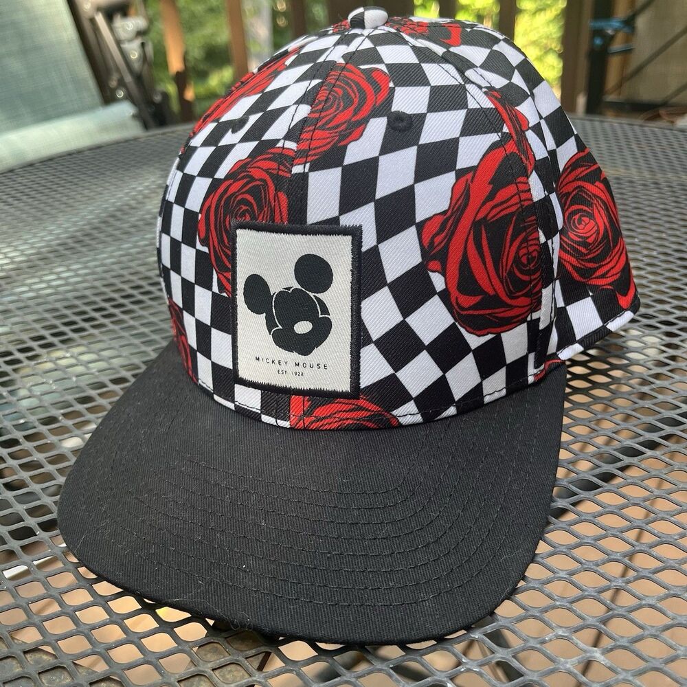 Neff x Disney Mickey Mouse Snapback Hat Cap Checkered Rose Floral Black One Size